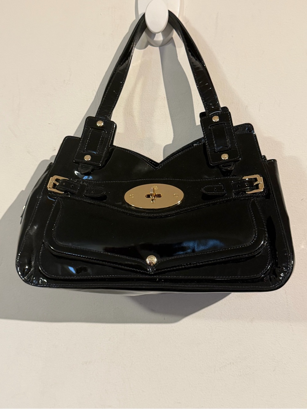 Mulberry Black Patent Tote Handbag with Gold Hardware